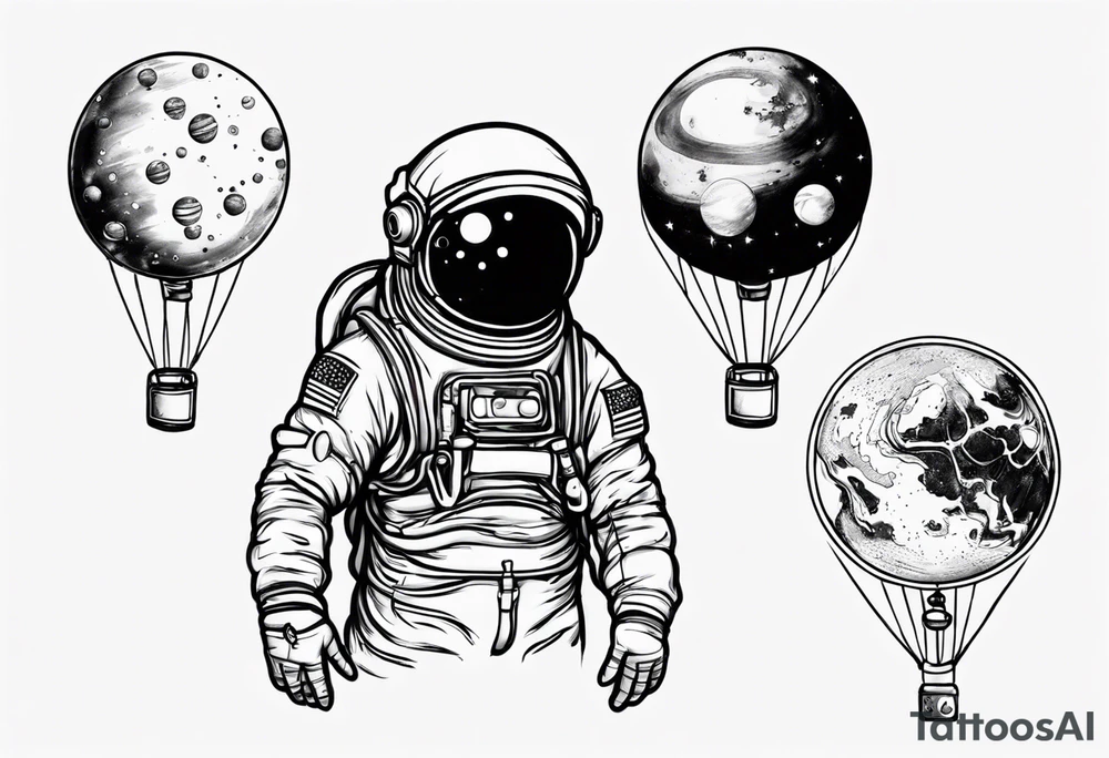 astronaut holding several balloons but balloons are planets tattoo idea