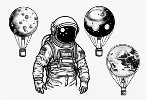 astronaut holding several balloons but balloons are planets tattoo idea
