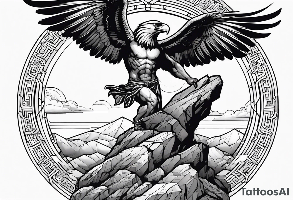 A greek god, chained to a Rock, Eagle flying over His head tattoo idea A greek god, chained to a Rock, Eagle flying over His head tattoo idea