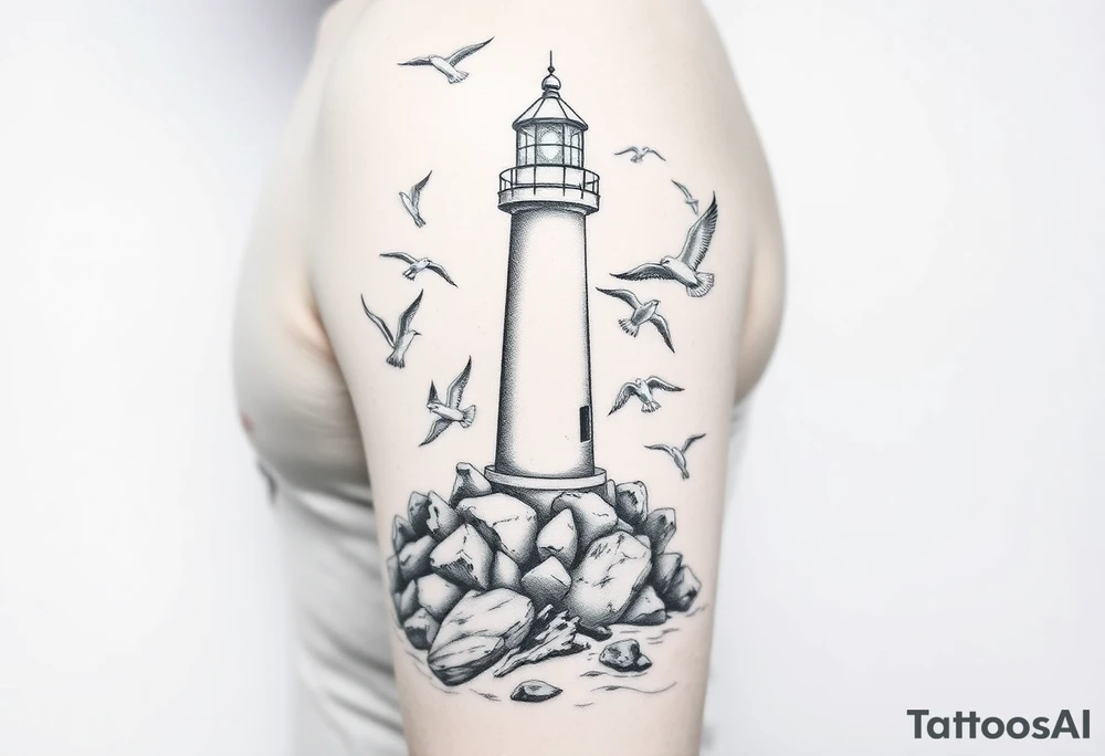 upper arm tattoo sea with lighthouse surrounded by seagulls tattoo idea