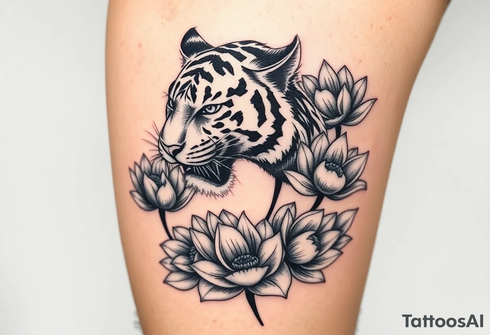fierce tiger emerging through blooming lotus flowers in mist tattoo idea