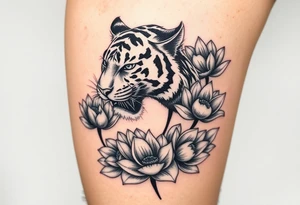 fierce tiger emerging through blooming lotus flowers in mist tattoo idea