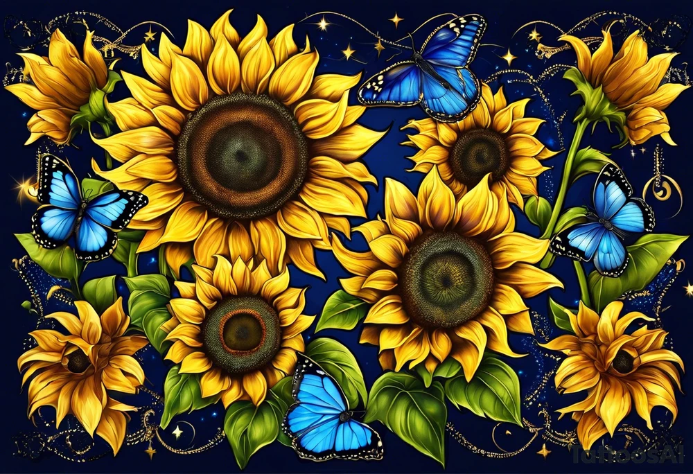 Sunflowers, full moon, blue morpho butterflies, starry night, you are my sunshine, cross, love. tattoo idea