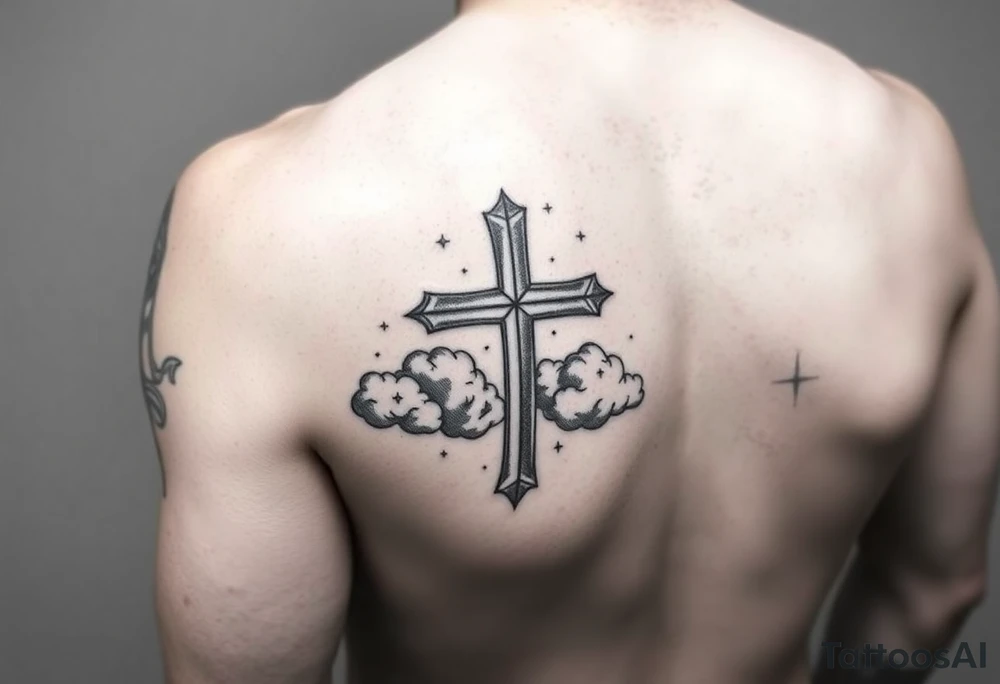 outer forearm sleeve with a cross clouds and make it catchy for teenagers tattoo idea