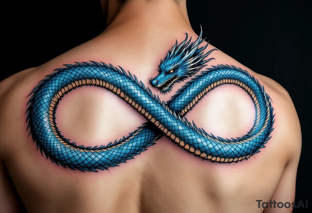 The design features a dragon, coiled in the shape of the infinity symbol (sideways number "8"). The dragon is depicted eating its own tail, symbolizing eternity and continuity, inspired by the Ouroboros.

Details:

The dragon's body has vibrant, glossy blue scales, with a smooth and polished texture.
It maintains a clean, balanced shape in the infinity figure, with sharp details and elegant flow.
Style:

The focus remains on the dragon's form, with no additional background elements to keep the design minimal and modern. tattoo idea