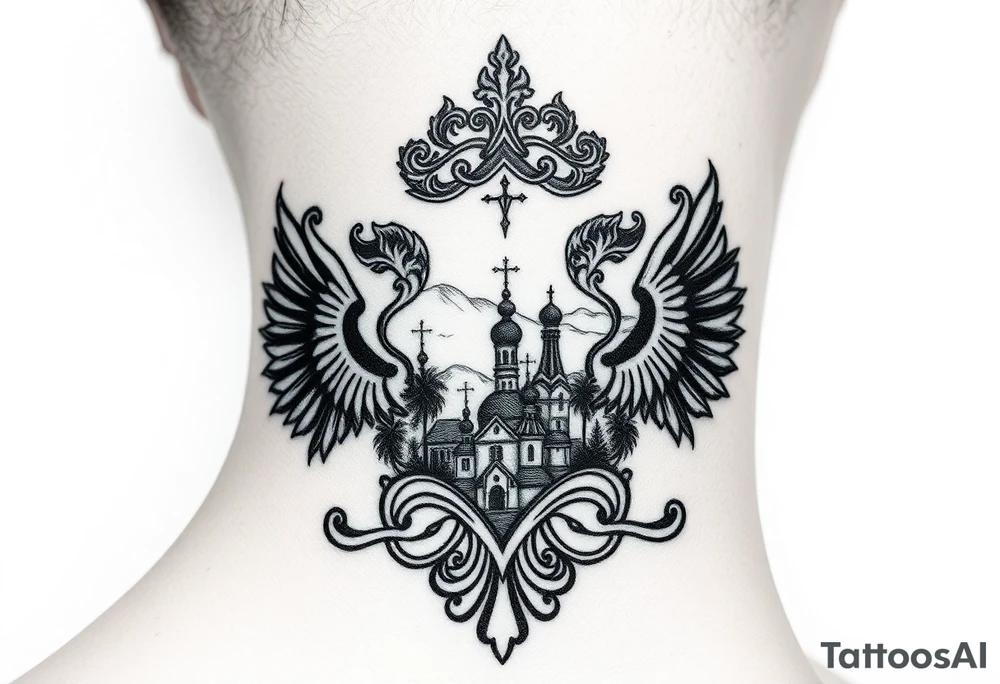 Traditional authentic Russian coat of arms with a Christian orthodox virgin marry in the middle and silhouette in a Russian wilderness Christian orthodoxy dome church village setting on the side of my neck tattoo idea