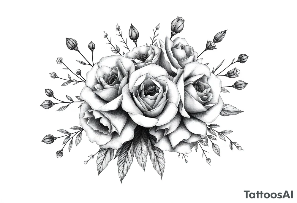 vintage bouquet of wild roses and meadow flowers with morning dew tattoo idea