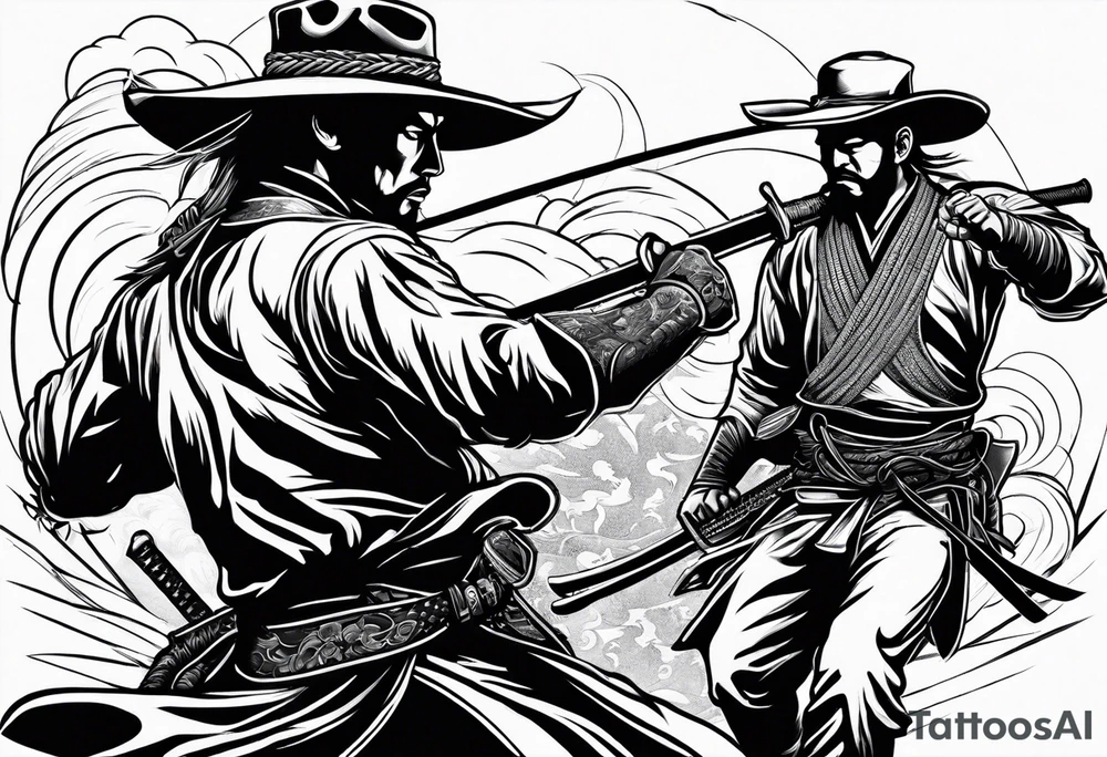 an American cowboy and a japanese samurai fighting each other in battle tattoo idea