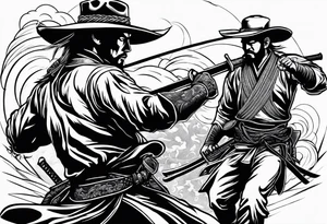 an American cowboy and a japanese samurai fighting each other in battle tattoo idea