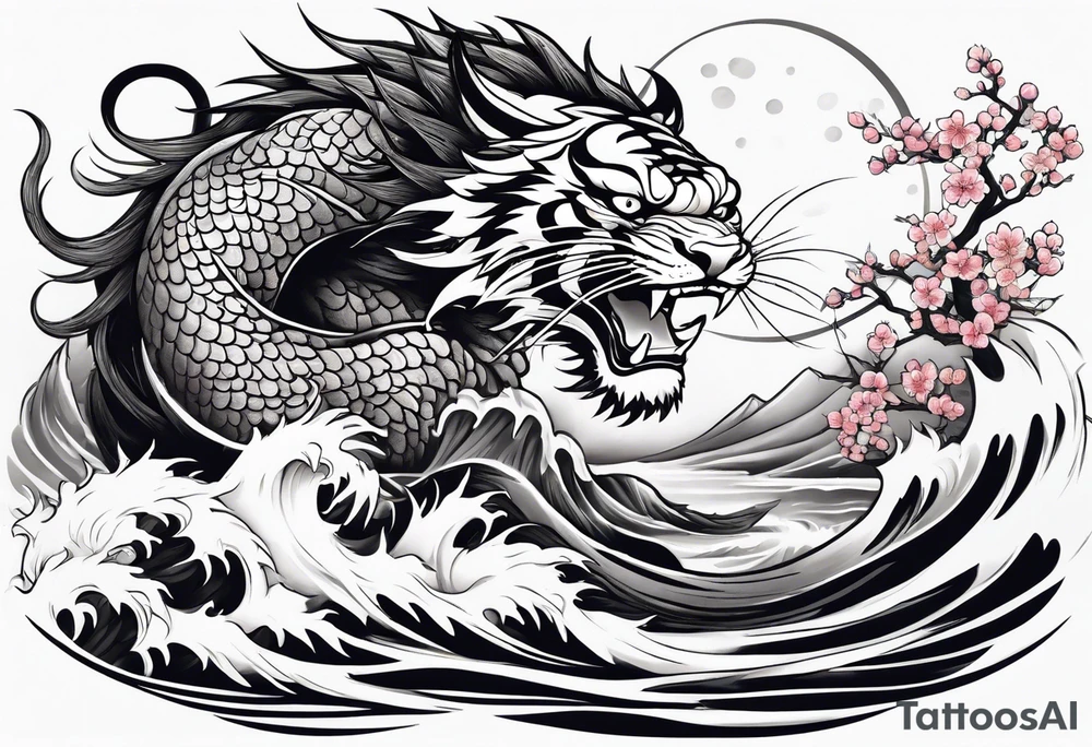 Majestic dragon vs fierce tiger in waves and cherry blossoms tattoo idea