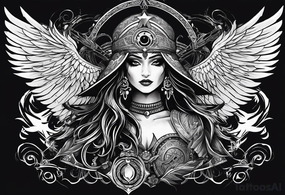 black kali, goddess pirate, alien, pachamama, valkrye, warrior, skull, lotus azul, wing, eagle, zenza resonance, stars, one side chest tattoo idea