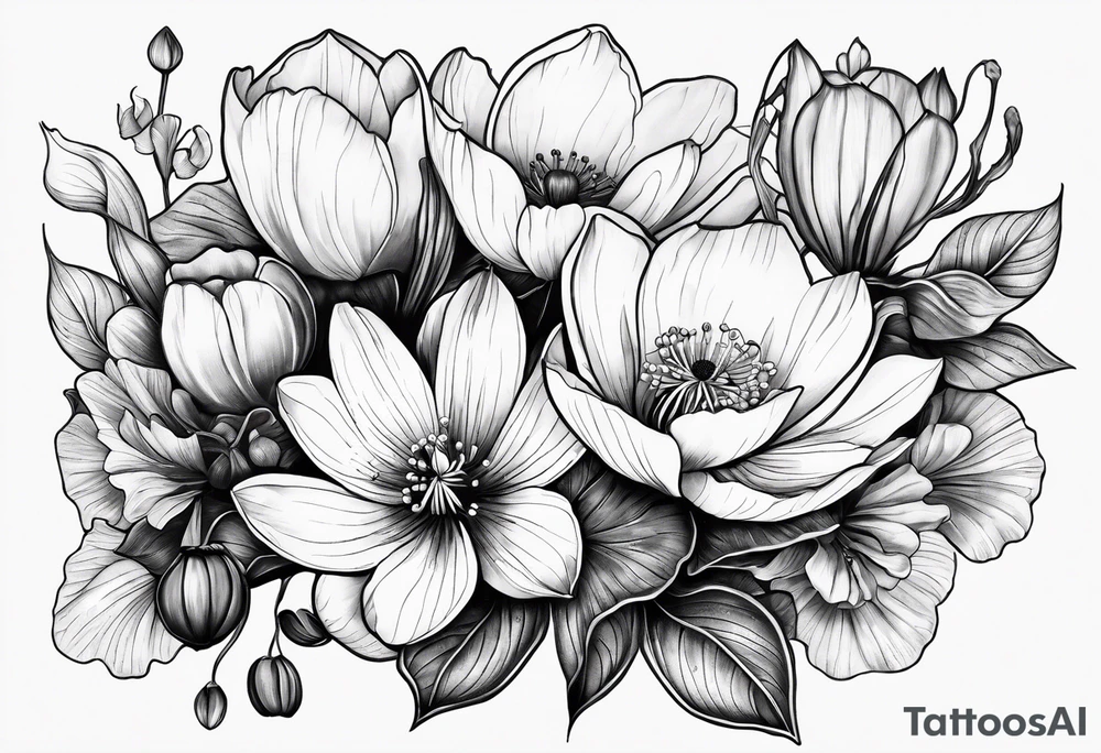 Poppy, water lily, Lily of the valley, daffodil, cosmo flower bouquet tattoo idea