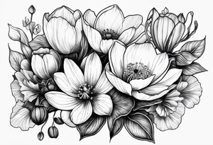 Poppy, water lily, Lily of the valley, daffodil, cosmo flower bouquet tattoo idea
