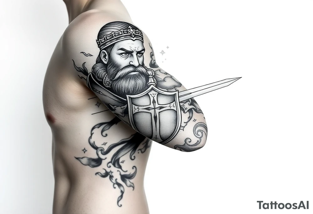 Half sleeve. King Alfred the great, sword, clouds, shield, cross tattoo idea