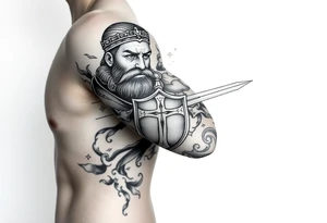 Half sleeve. King Alfred the great, sword, clouds, shield, cross tattoo idea