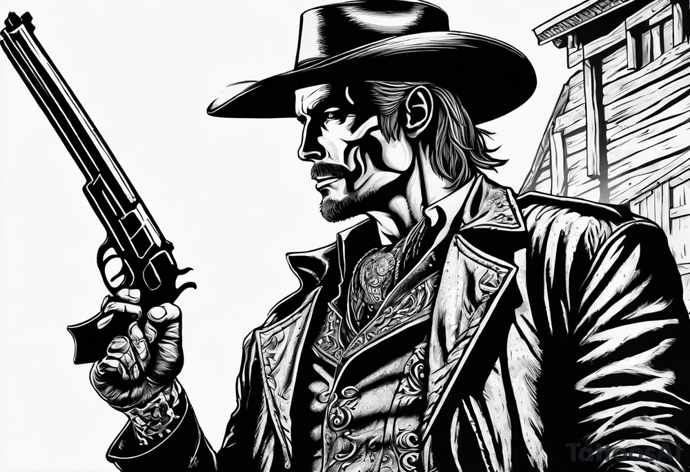 western background with a horse man,skelleton in the middle with a revolver and red dead redemtion hat tattoo idea western background with a horse man,skelleton in the middle with a revolver and red dead redemtion hat tattoo idea