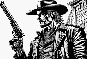 western background with a horse man,skelleton in the middle with a revolver and red dead redemtion hat tattoo idea