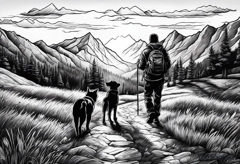 nature, sunset, mountains, a father and son hiking with their dog and cat and a cross tattoo idea