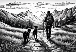 nature, sunset, mountains, a father and son hiking with their dog and cat and a cross tattoo idea