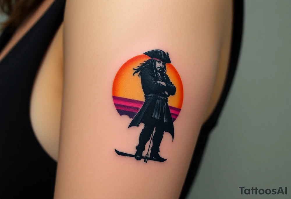 A semi-realistic Jack Sparrow silhouette standing on a ship mast, with the sunset casting an orange and purple glow behind him tattoo idea
