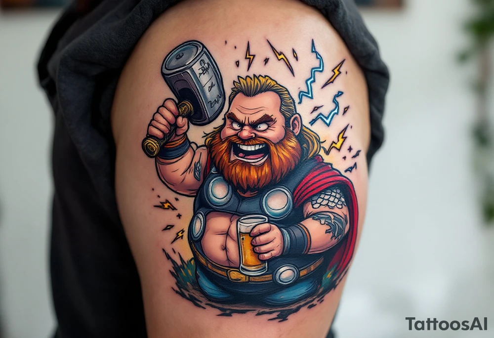 Fat Thor from Endgame holding a beer and Stormbreaker, with sparks of lightning around him in a humorous yet detailed tattoo design. tattoo idea