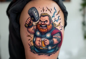 Fat Thor from Endgame holding a beer and Stormbreaker, with sparks of lightning around him in a humorous yet detailed tattoo design. tattoo idea