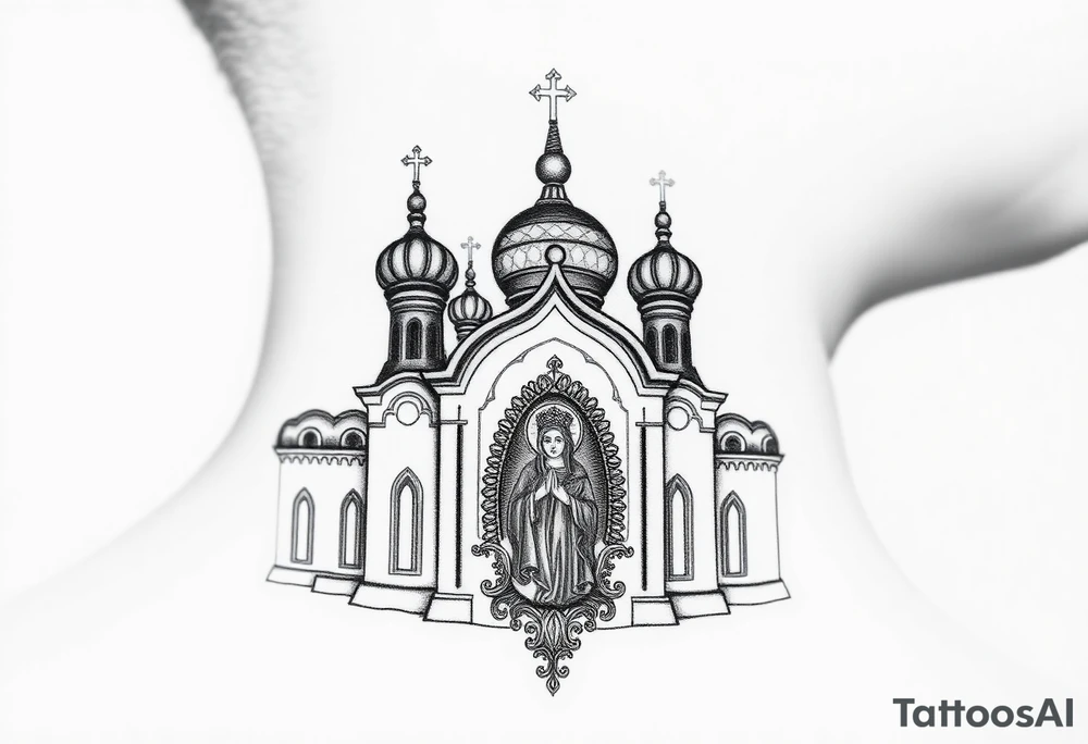 medium sized Russian orthodox church with bulb domes with a prominent russian orthodox coat of arms mosaic virgin mary tattoo idea