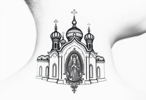 medium sized Russian orthodox church with bulb domes with a prominent russian orthodox coat of arms mosaic virgin mary tattoo idea