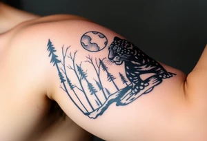 Black leopard in the woods with moon in sky tattoo idea