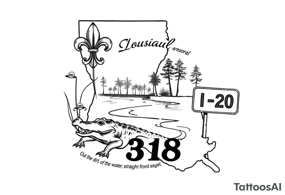 Louisiana state outline with fleur-de-lis, a bayou with a gator and trees , the 318 area code and and quote that says  Out the dirt, out the water, straight from 318 , a sign that says I- 20 tattoo idea