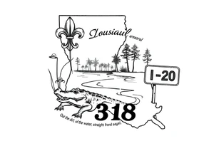 Louisiana state outline with fleur-de-lis, a bayou with a gator and trees , the 318 area code and and quote that says  Out the dirt, out the water, straight from 318 , a sign that says I- 20 tattoo idea