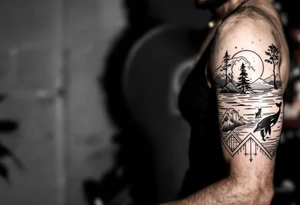 Fine line powerful ocean half sleeve with a wave, a whale, a Joshua tree, and a dog as separate elements connected by geometric patterns tattoo idea