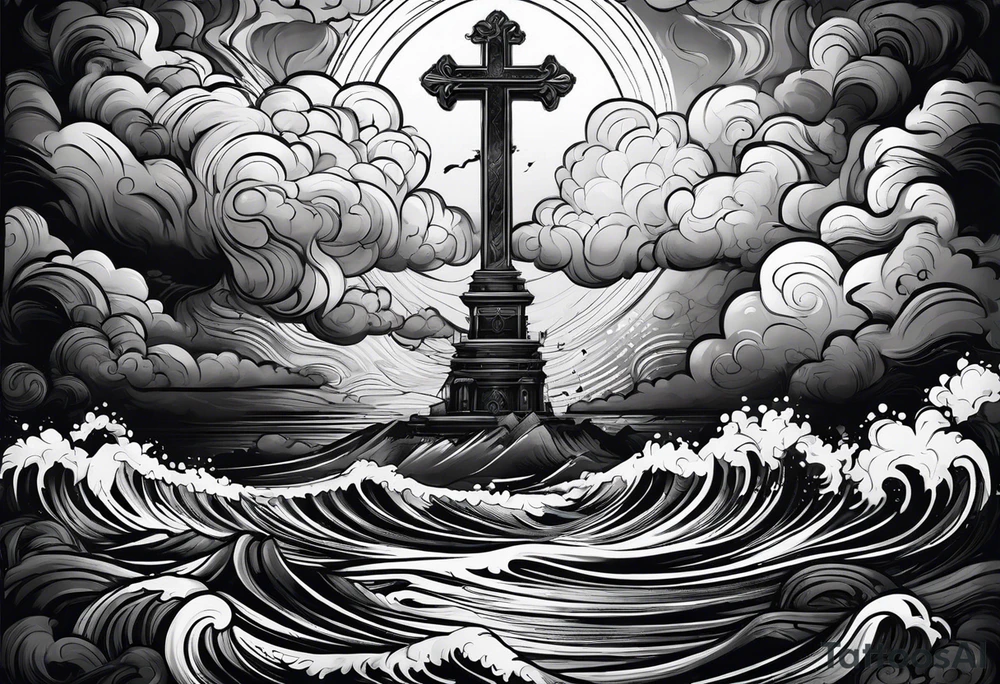 cross with smoke behind it in a storm tattoo idea