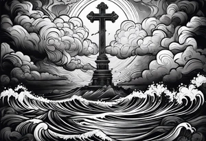 cross with smoke behind it in a storm tattoo idea