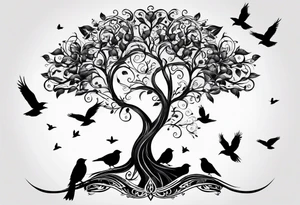 family tree with 6 black birds and cadinal tattoo idea