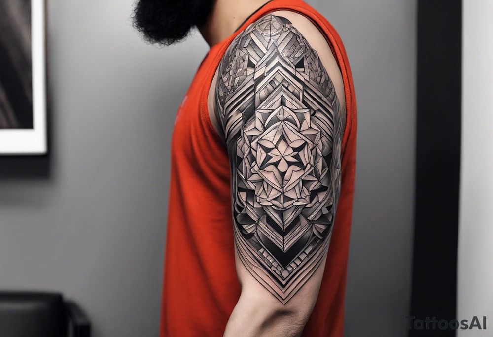 From left shoulder to forearm sleeve tattoo. Fine line geometric, concept design tattoo tattoo idea