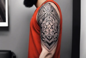 From left shoulder to forearm sleeve tattoo. Fine line geometric, concept design tattoo tattoo idea