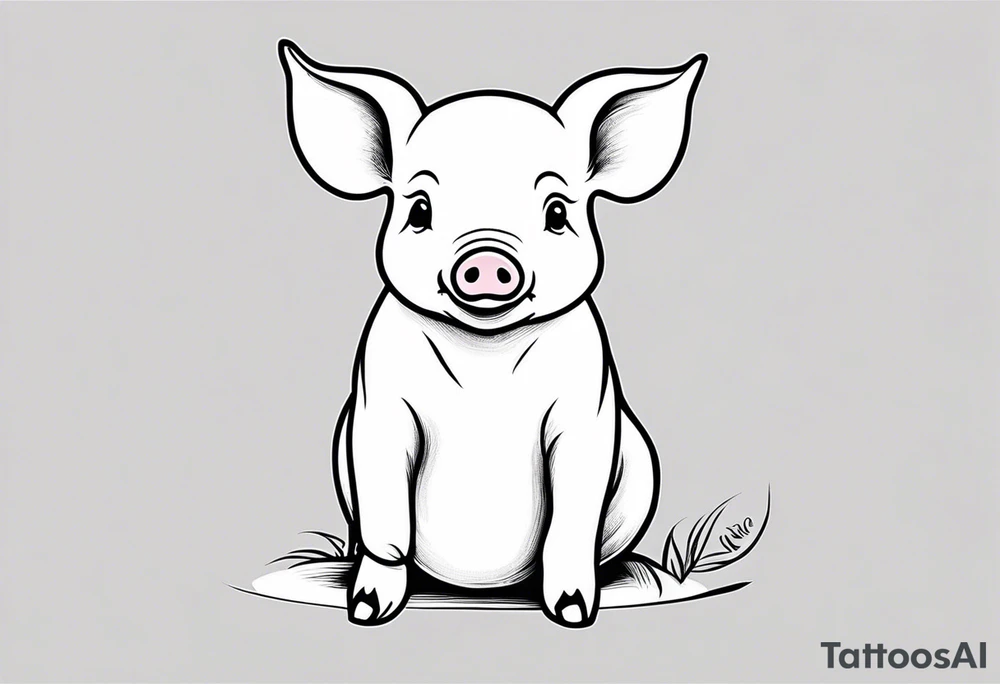 cute piglet sitting on bum. thin lines minimal shading, black and white only, with text "friends not food", white background tattoo idea
