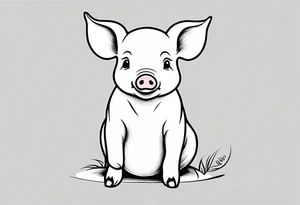 cute piglet sitting on bum. thin lines minimal shading, black and white only, with text "friends not food", white background tattoo idea