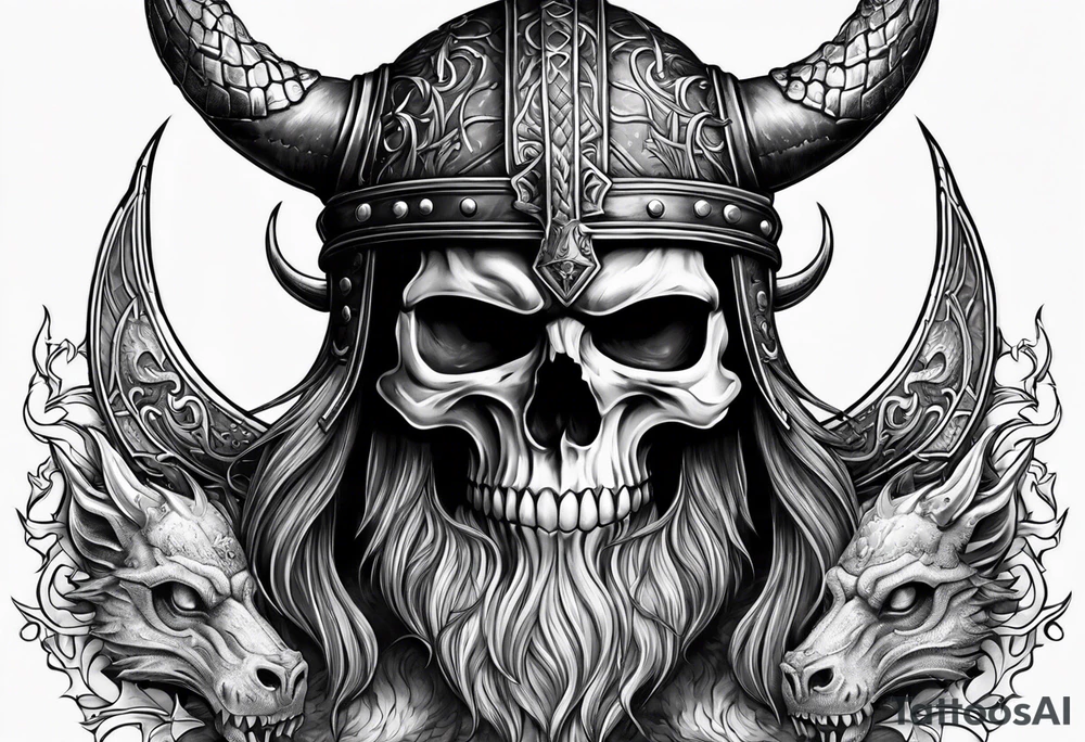 Viking skull with helmet and dragon head tattoo idea