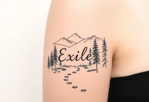 A path in the woods with mountains in the background. The word "Exile" blended in the drawing with font  IM Fell DW Pica Italic tattoo idea