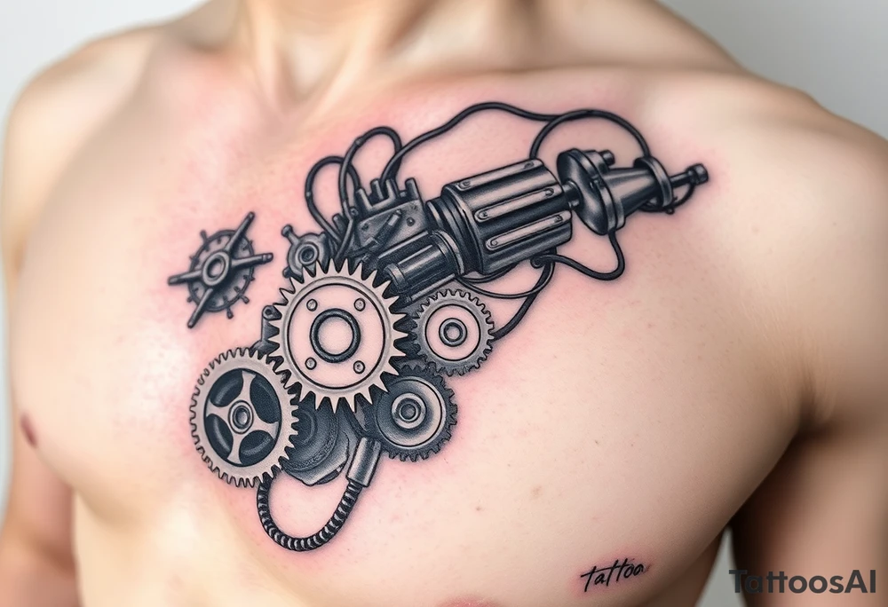 This biomechanical tattoo design creates the illusion of mechanical parts under the skin. It features gears, pistons, and wires, giving the arm a cybernetic look. Realistic shading enhances the fusion of flesh and machine tattoo idea