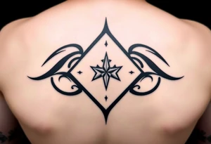 A sharp edged powerful wave with 2 stars inside of a elongated diamond tattoo idea