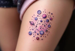 A dreamy cosmic scene on the thigh with Sagittarius stars constellation surrounded by planets in soft pastel purples and pinks. tattoo idea