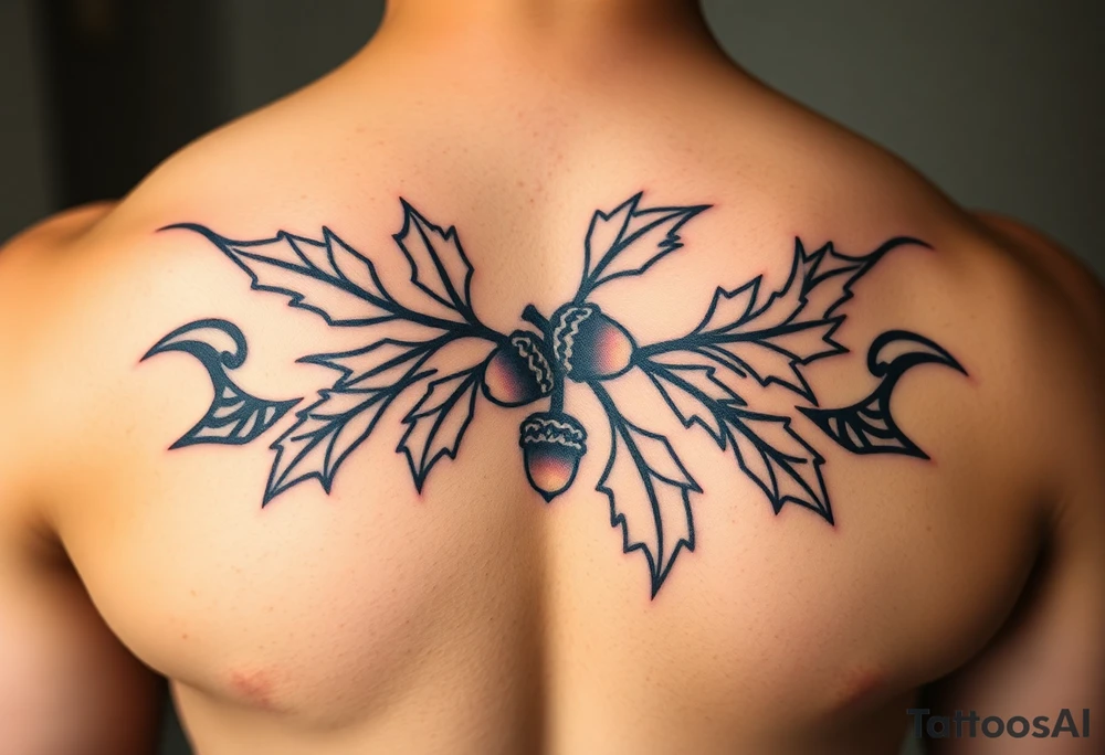 on the chest an oak branch with thick leaves and acorns oak branch with thick leaves and acorns tattoo idea