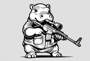 Baby hippo wearing a overalls and holding a sniper rifle tattoo idea