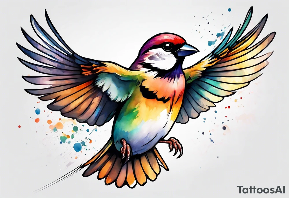 Colorful sparrow in flight tattoo idea