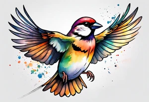 Colorful sparrow in flight tattoo idea