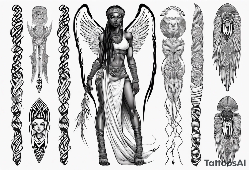 African female Viking  angel full body 
slim long face small mouth long braided hair tattoo idea