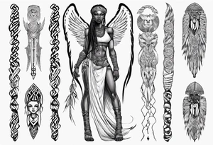African female Viking  angel full body 
slim long face small mouth long braided hair tattoo idea